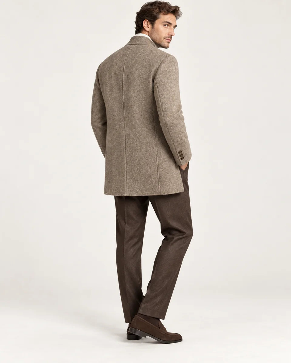 Halden men's wool-blend overcoat with stand collar in Brown, side view on a model