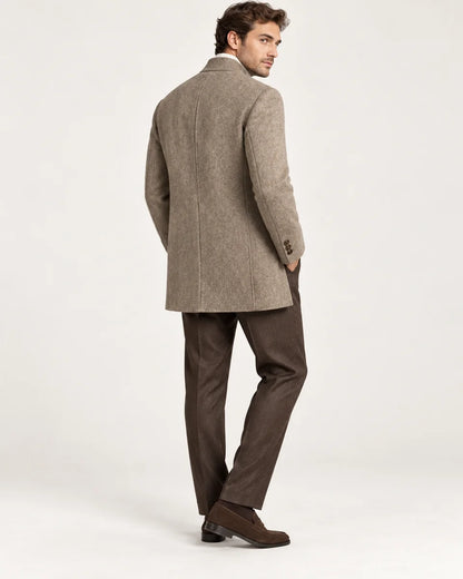 Halden men's wool-blend overcoat with stand collar in Brown, side view on a model