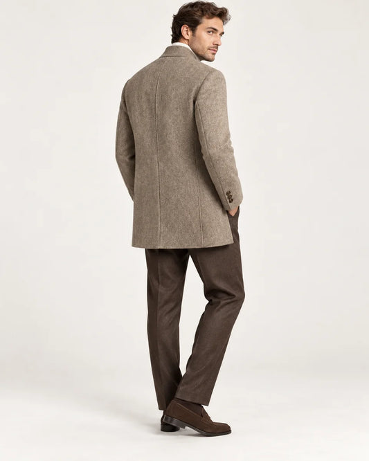 Halden men's wool-blend overcoat with stand collar in Brown, side view on a model