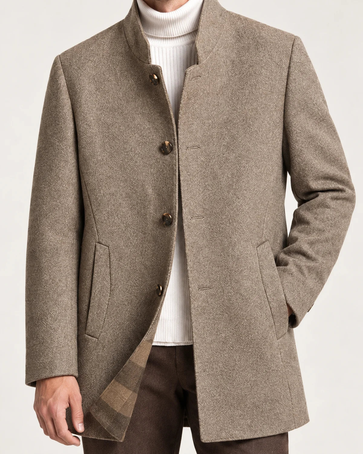 Halden men's wool-blend overcoat with stand collar in Brown, close-up detail of the fabric and closure