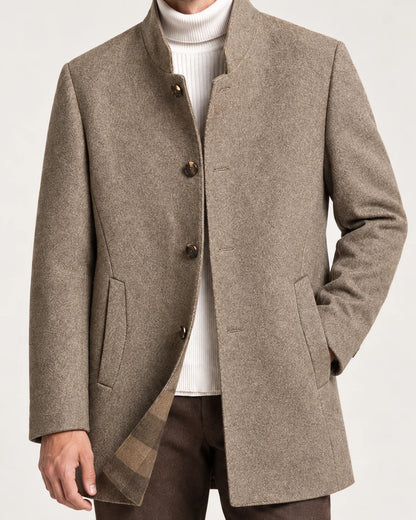 Halden men's wool-blend overcoat with stand collar in Brown, close-up detail of the fabric and closure
