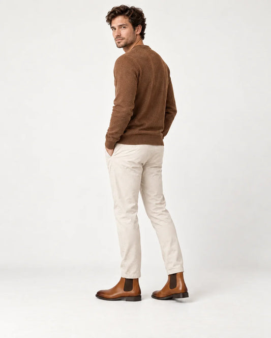Hollis men's classic Chelsea boots in Brown, side view on a model