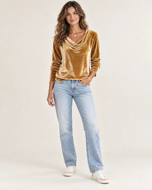 Iliana women's cowl neck velvet top, front view