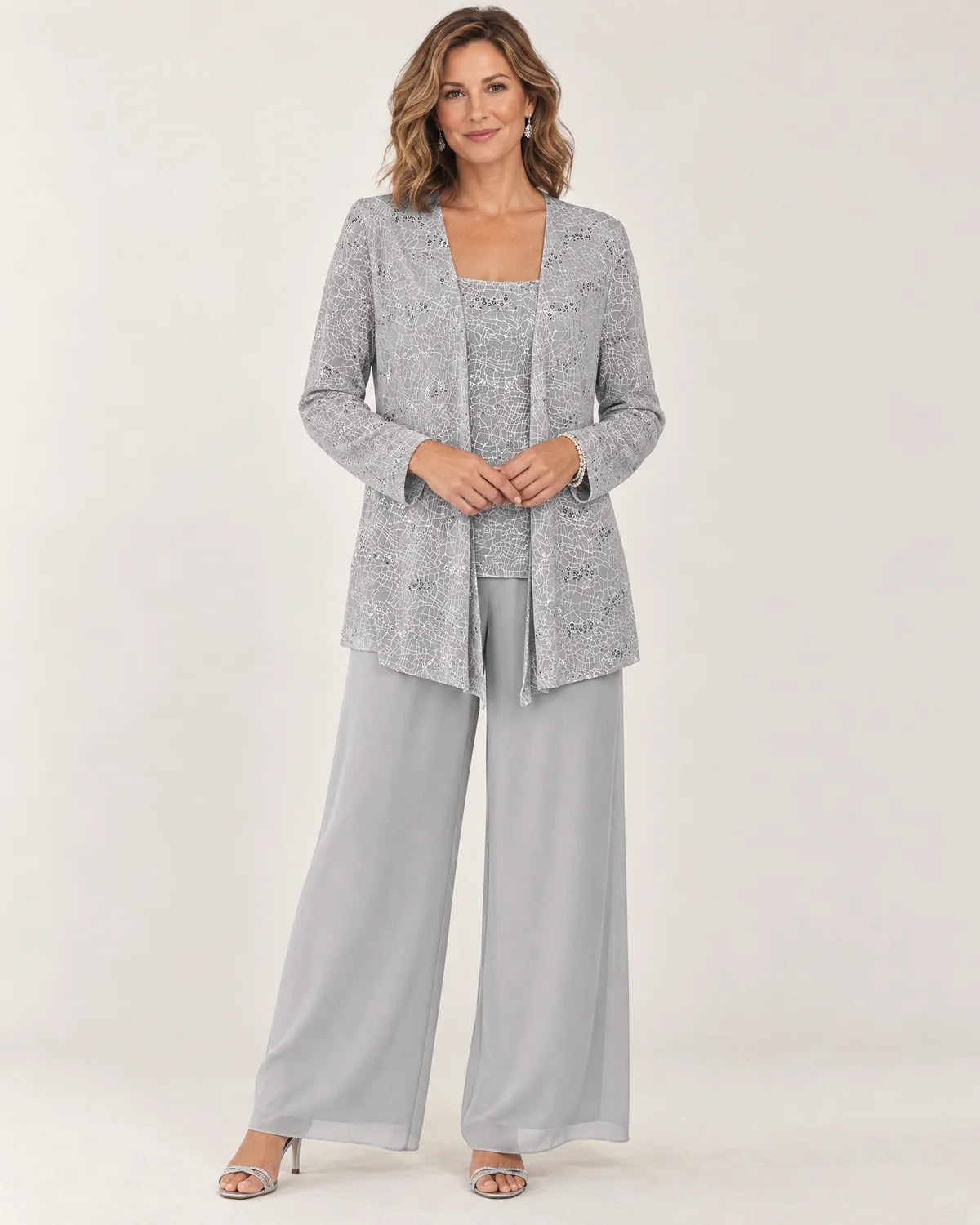 Aurelie women's three-piece wide-leg pant set in silver lace with small sequins, front view on a model