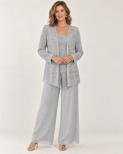 Aurelie women's three-piece wide-leg pant set in silver lace with small sequins, front view on a model