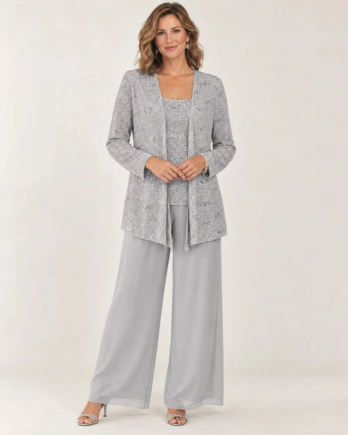 Aurelie | Women's Sequin Three-Piece Wide-Leg Pant Set