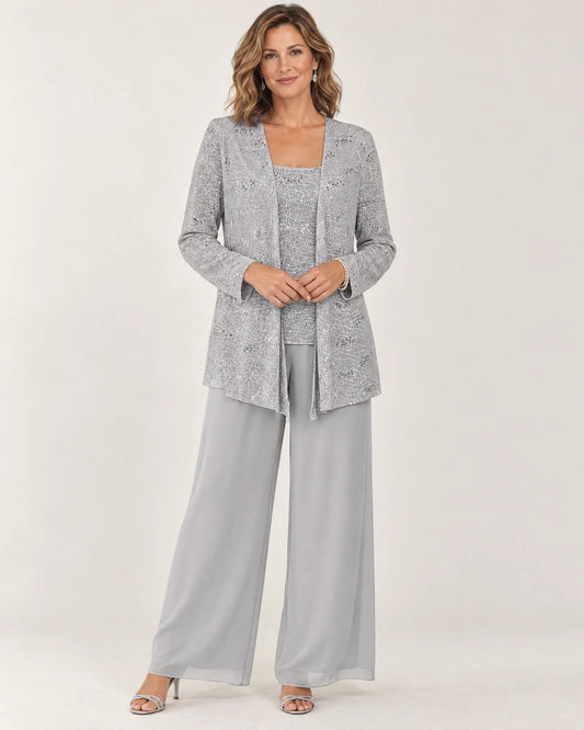 Aurelie women's three-piece wide-leg pant set in silver lace with small sequins, front view on a model