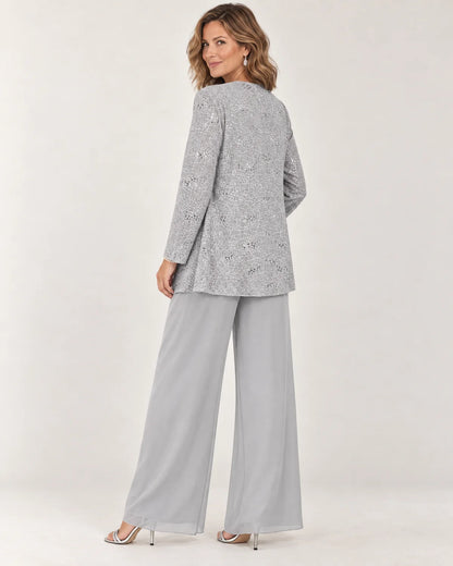 Aurelie women's three-piece wide-leg pant set in silver lace, back view on a model