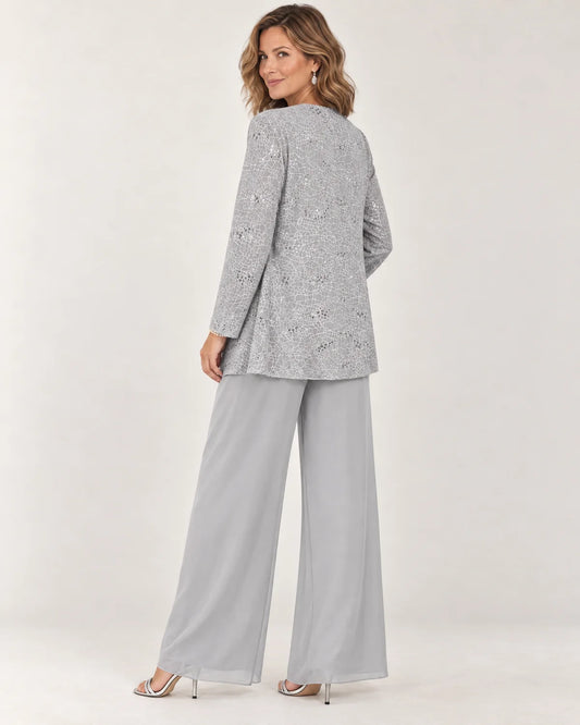 Aurelie women's three-piece wide-leg pant set in silver lace, back view on a model