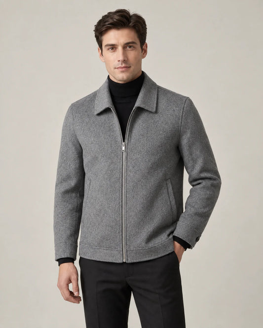 Lennox men's collared zip-up jacket in Grey, front view on a model over a black turtleneck