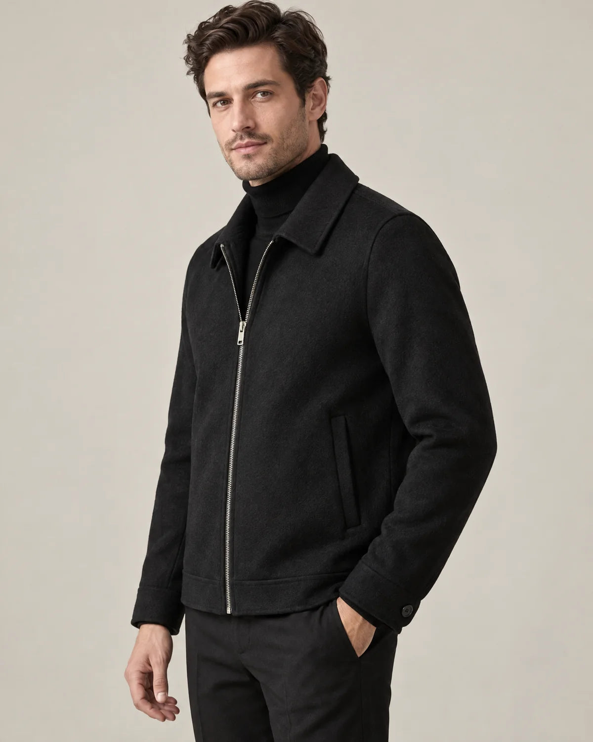 Lennox men's collared zip-up jacket in Black, three-quarter side view on a model