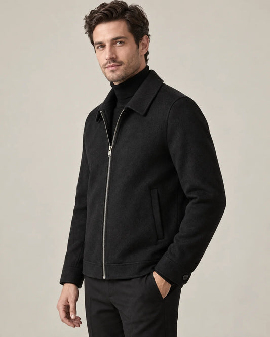 Lennox men's collared zip-up jacket in Black, three-quarter side view on a model
