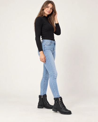 Liesel women's quilted lace-up ankle boots in black, side view showing the outer zip and knit collar