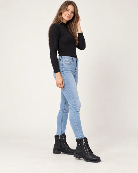 Liesel women's quilted lace-up ankle boots in black, side view showing the outer zip and knit collar