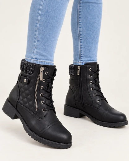 Liesel women's quilted lace-up ankle boots in black, close-up of the quilting, laces, side zip and block heel