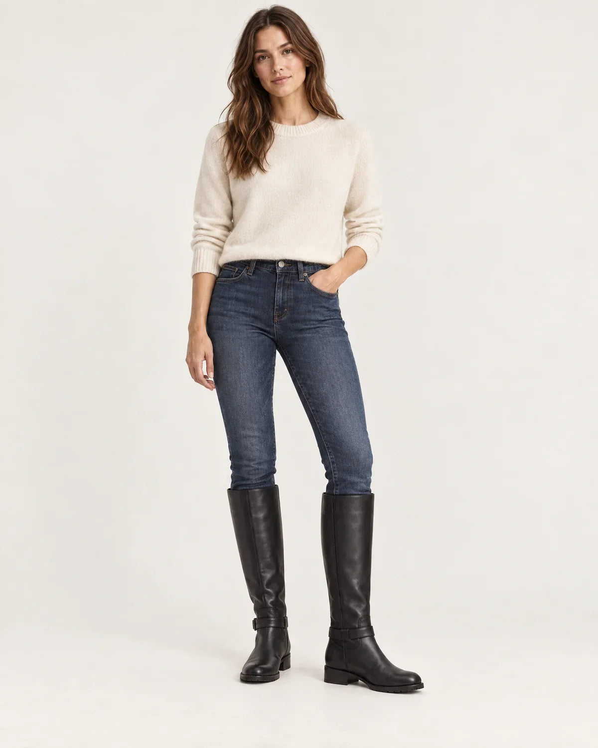 Linnea women's knee-high riding boots with buckle strap, front view