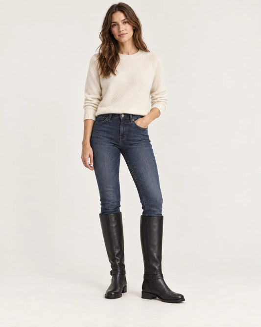 Linnea women's knee-high riding boots with buckle strap, front view
