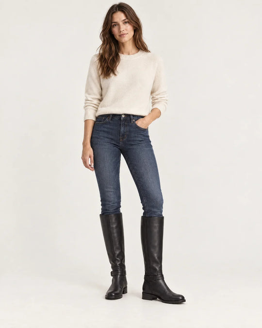 Linnea women's knee-high riding boots with buckle strap, front view