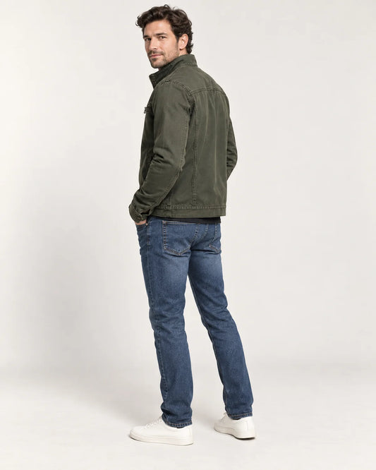 Marlow men's bomber jacket with stand collar in Green, side view on a model