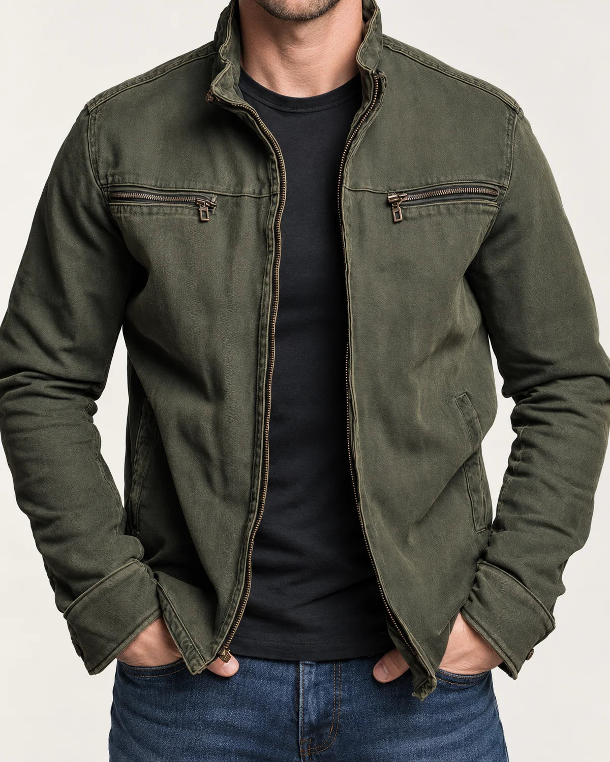 Marlow men's bomber jacket with stand collar in Green, close-up detail of the fabric and closure