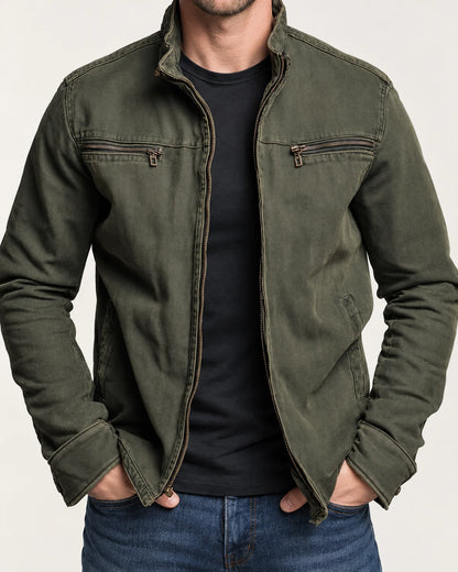Marlow men's bomber jacket with stand collar in Green, close-up detail of the fabric and closure