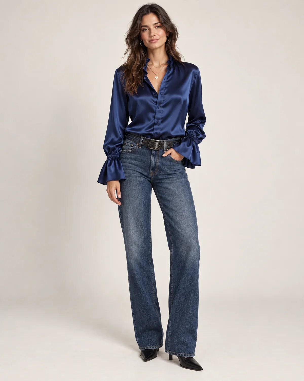 Scarlett women's puff sleeve button-down blouse, front view on model.