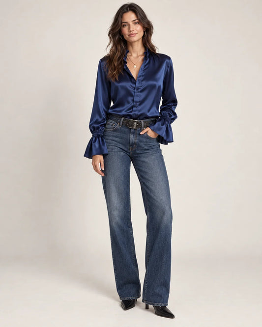 Scarlett women's puff sleeve button-down blouse, front view on model.