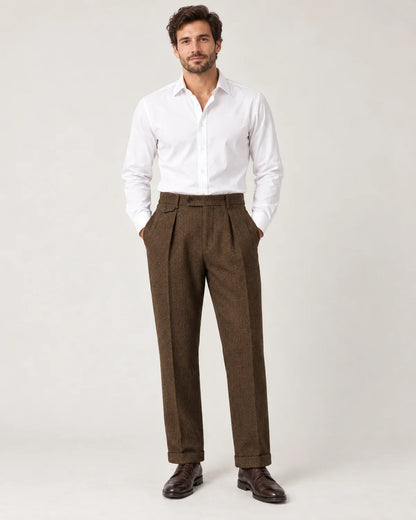 Sinclair men's herringbone pleated trousers in brown, full-length front view on model