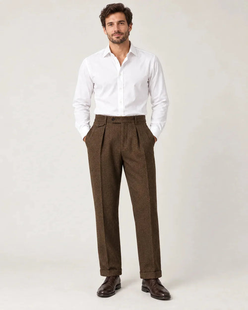 Sinclair | Men's Herringbone Pleated Straight-Leg Trousers