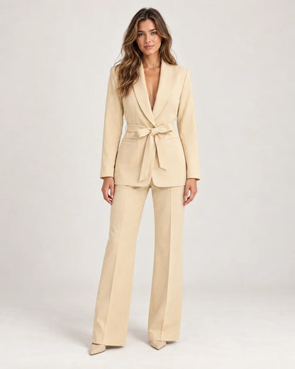 Solene women's belted blazer and wide-leg pant suit, front view on model