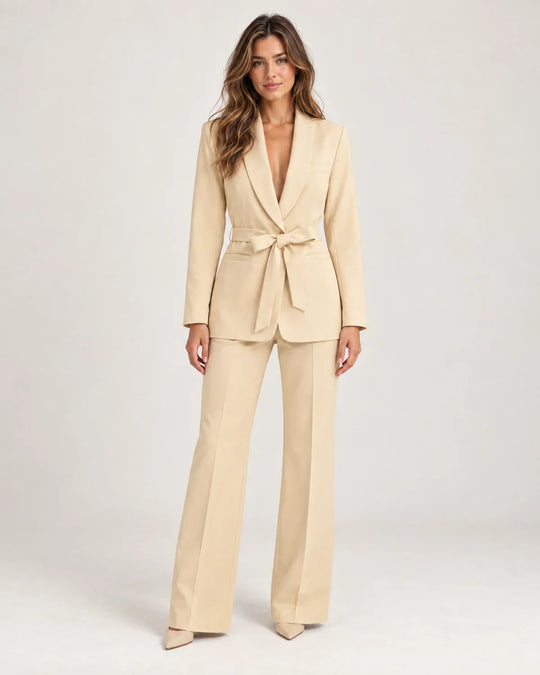 Solene women's belted blazer and wide-leg pant suit, front view on model