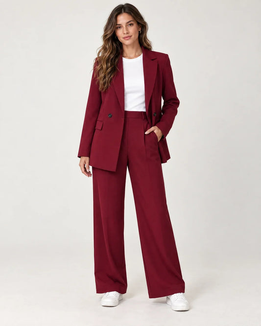 Solveig women's longline blazer and wide-leg pant suit set, front view on model