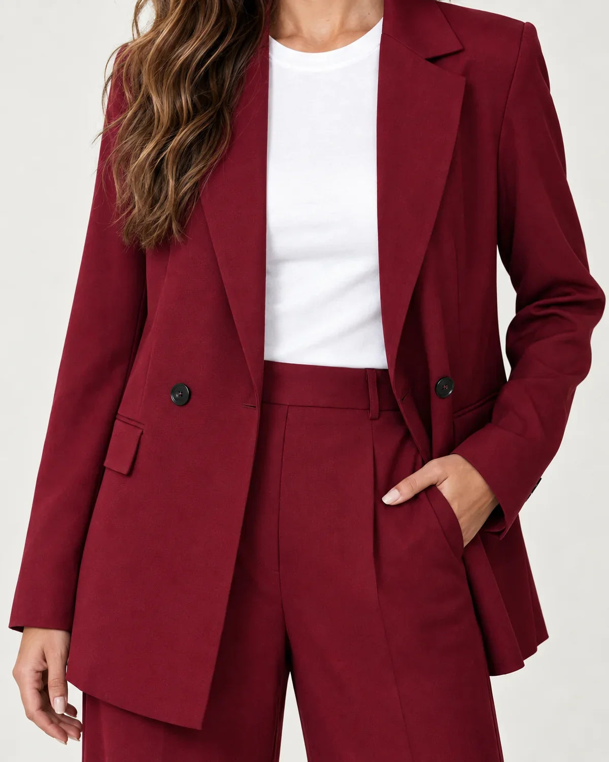 Solveig women's longline blazer suit set with wide-leg trousers in Dark Red, close-up detail of the fabric and closure