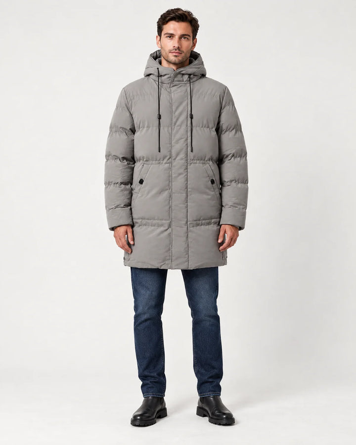 Thorne men's hooded longline padded parka in grey, front view with the hood down