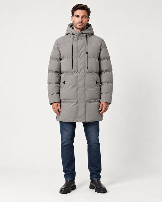Thorne men's hooded longline padded parka in grey, front view with the hood down