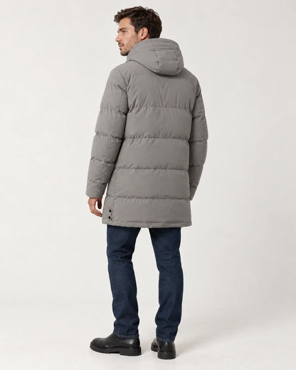 Thorne men's hooded longline padded parka in grey, three-quarter back view showing the hood and length