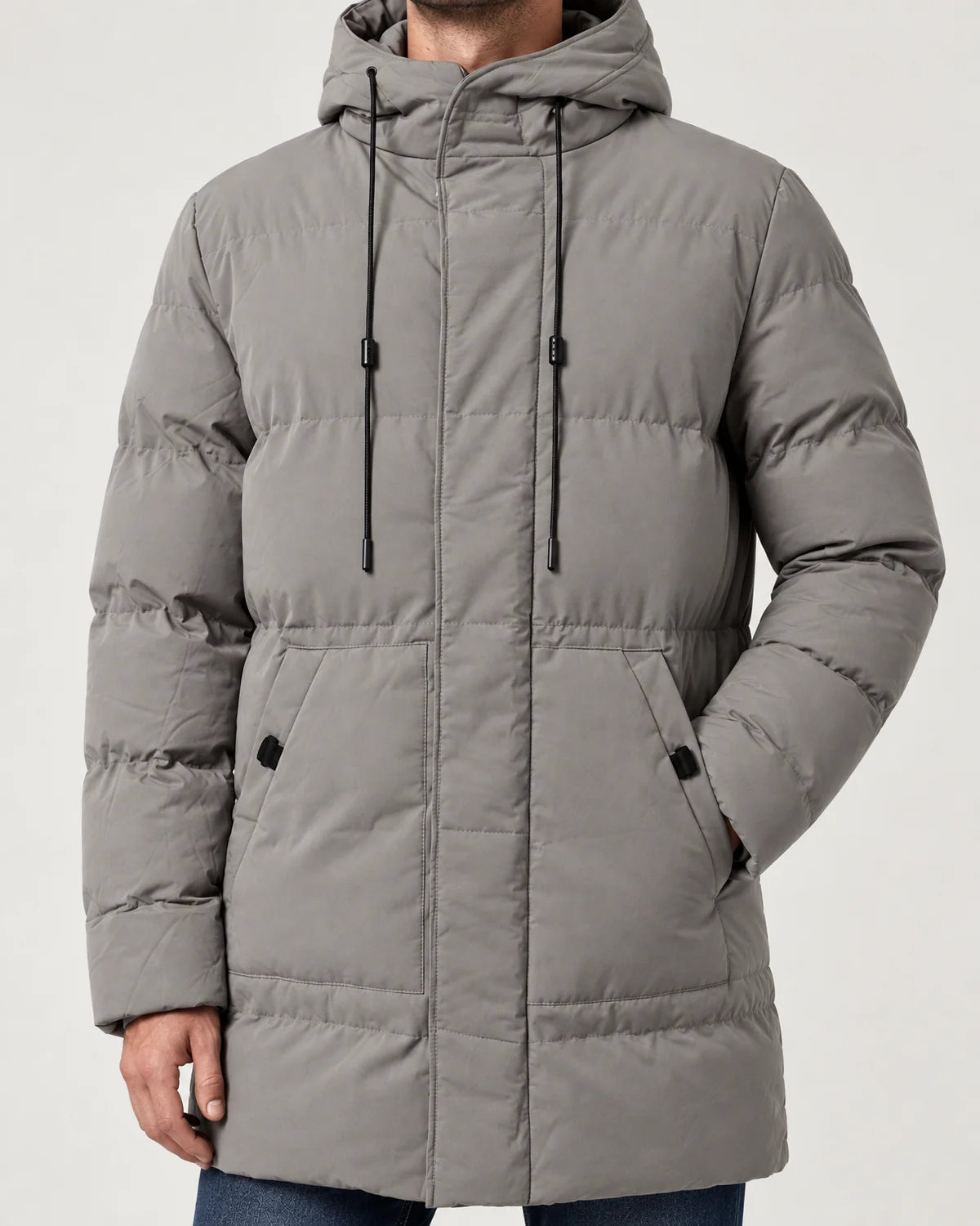 Thorne men's hooded longline padded parka in grey, close-up of the hood drawcords, placket and front pocket