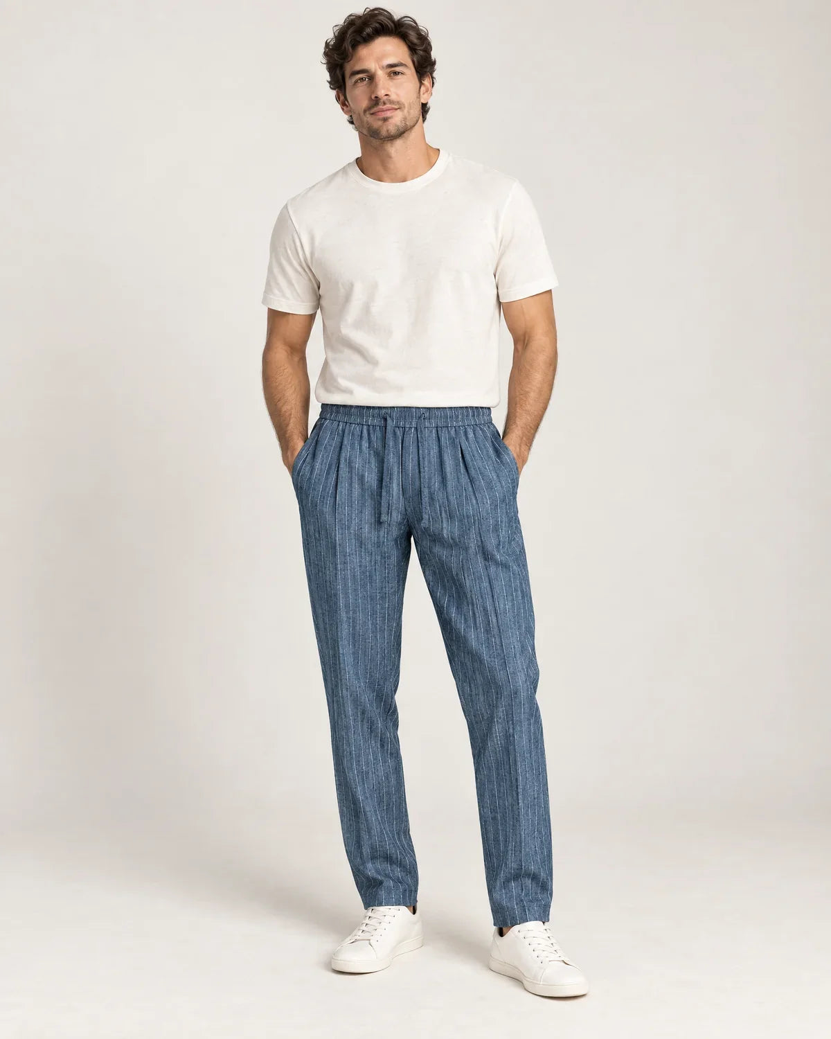 Whitfield men's pinstripe tapered trousers shown in blue, brown and grey side by side