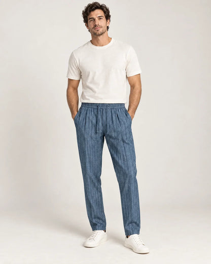 Whitfield men's pinstripe tapered trousers shown in blue, brown and grey side by side