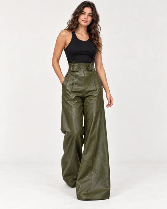 Amalie women's high-waisted wide-leg pants in dark green, three-quarter walking view with the two-buckle belted waistband