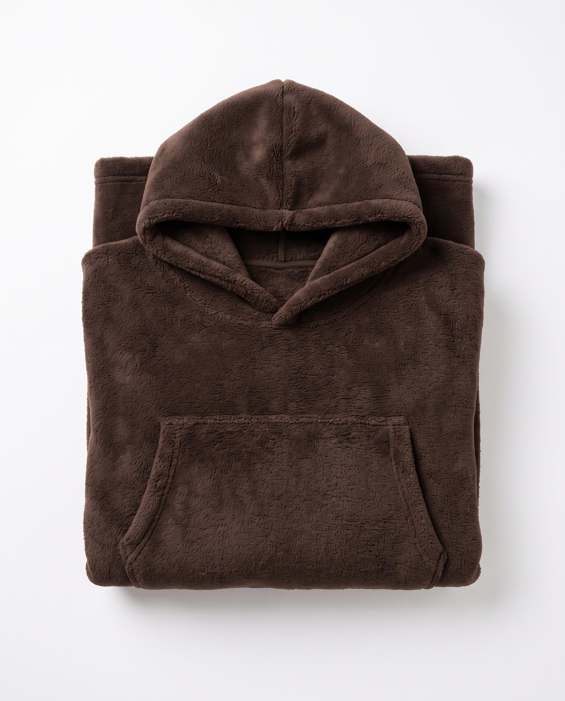 Otis oversized hooded blanket in espresso, folded flat on white with the hood and front pocket visible
