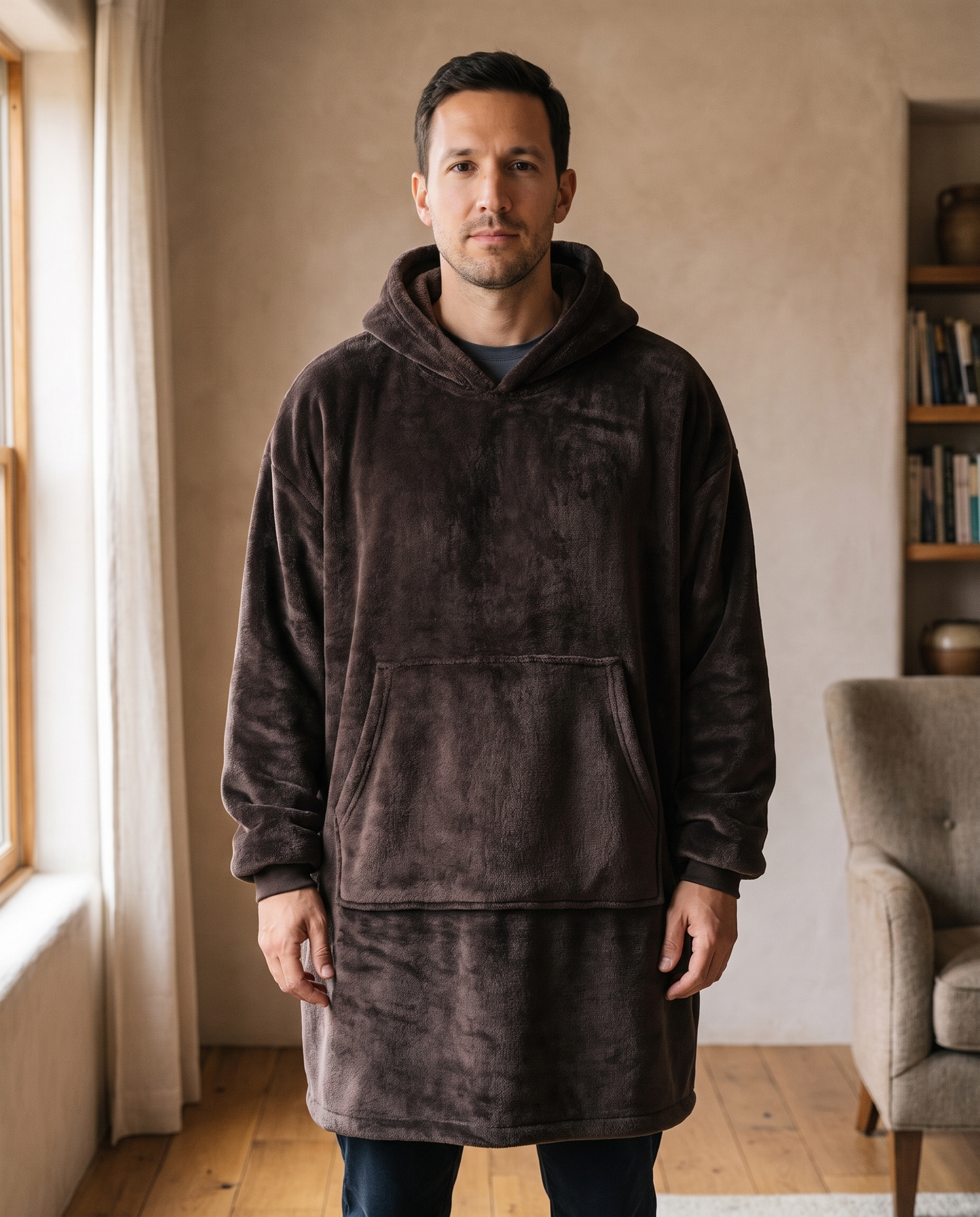 Man wearing the Otis oversized hooded blanket in espresso, standing in a warm living room, front view
