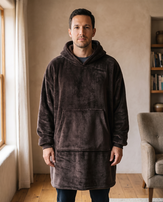 Man wearing the Otis oversized hooded blanket in espresso, standing in a warm living room, front view