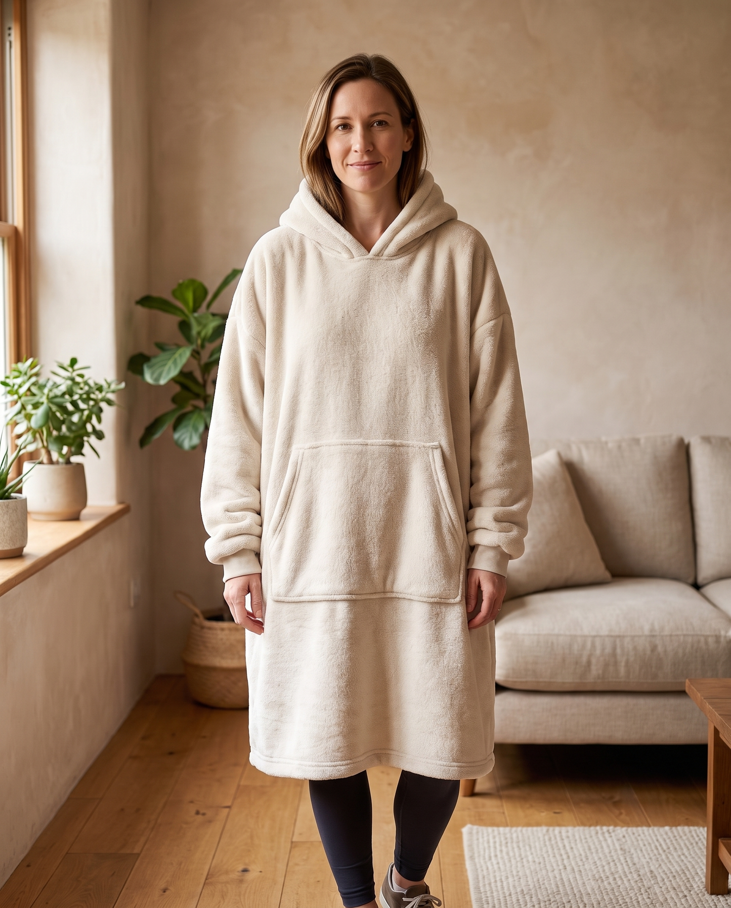 Woman wearing the Wren oversized hooded blanket in oatmeal, standing in a warm living room, front view
