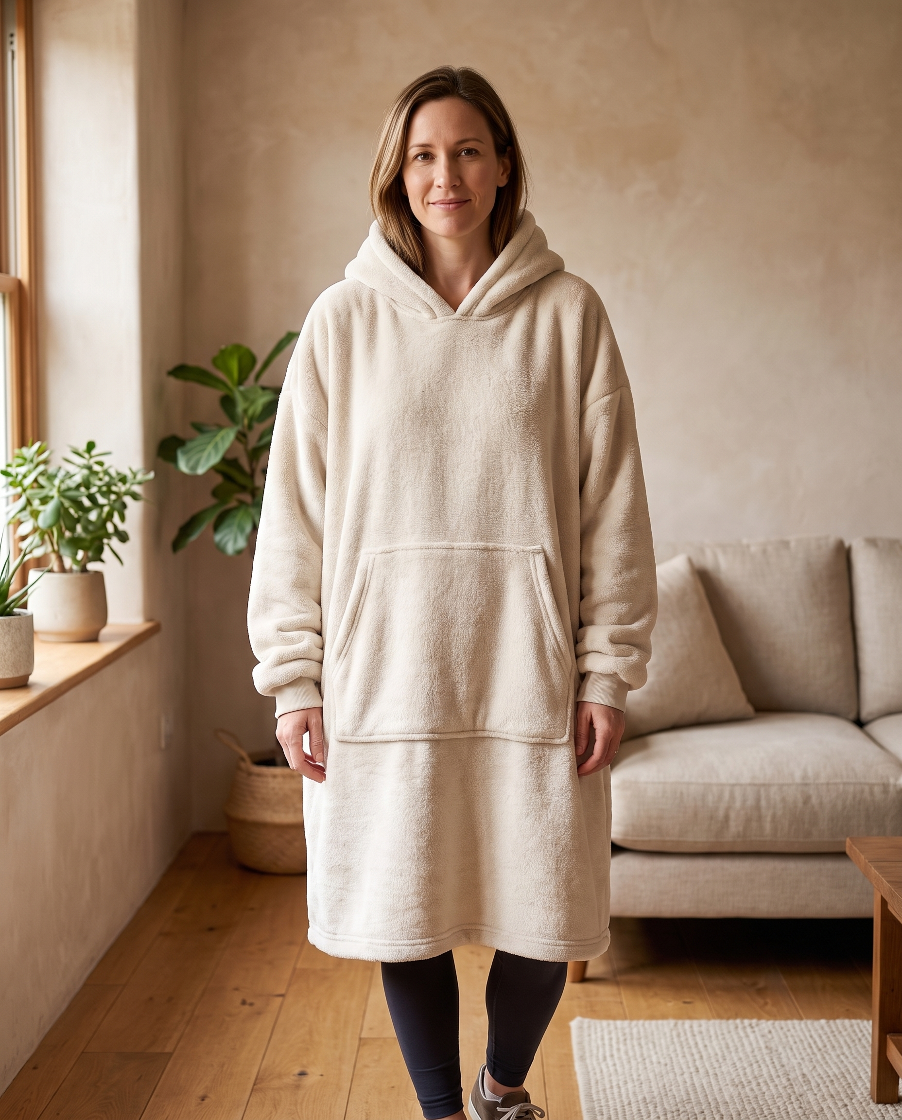Woman wearing the Wren oversized hooded blanket in oatmeal, standing in a warm living room, front view