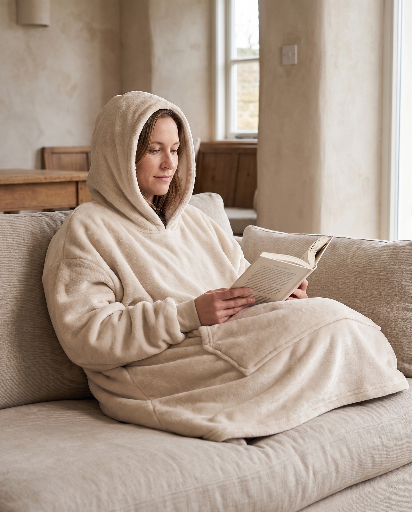 Woman reading on a sofa wearing the Wren hooded blanket in oatmeal with the hood up
