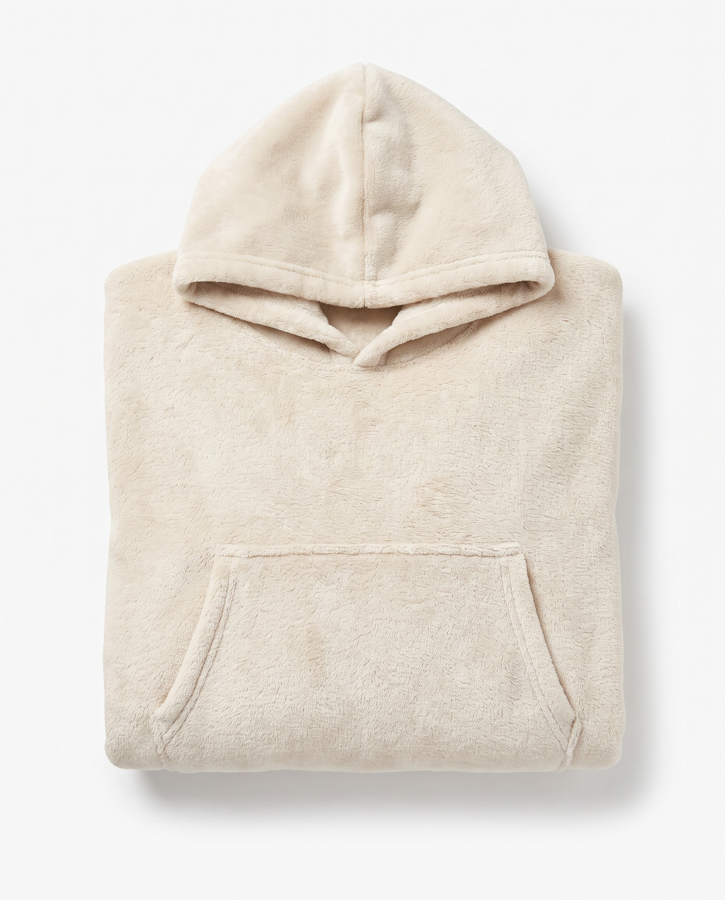Wren oversized hooded blanket in oatmeal, folded flat on white with the hood and front pocket visible