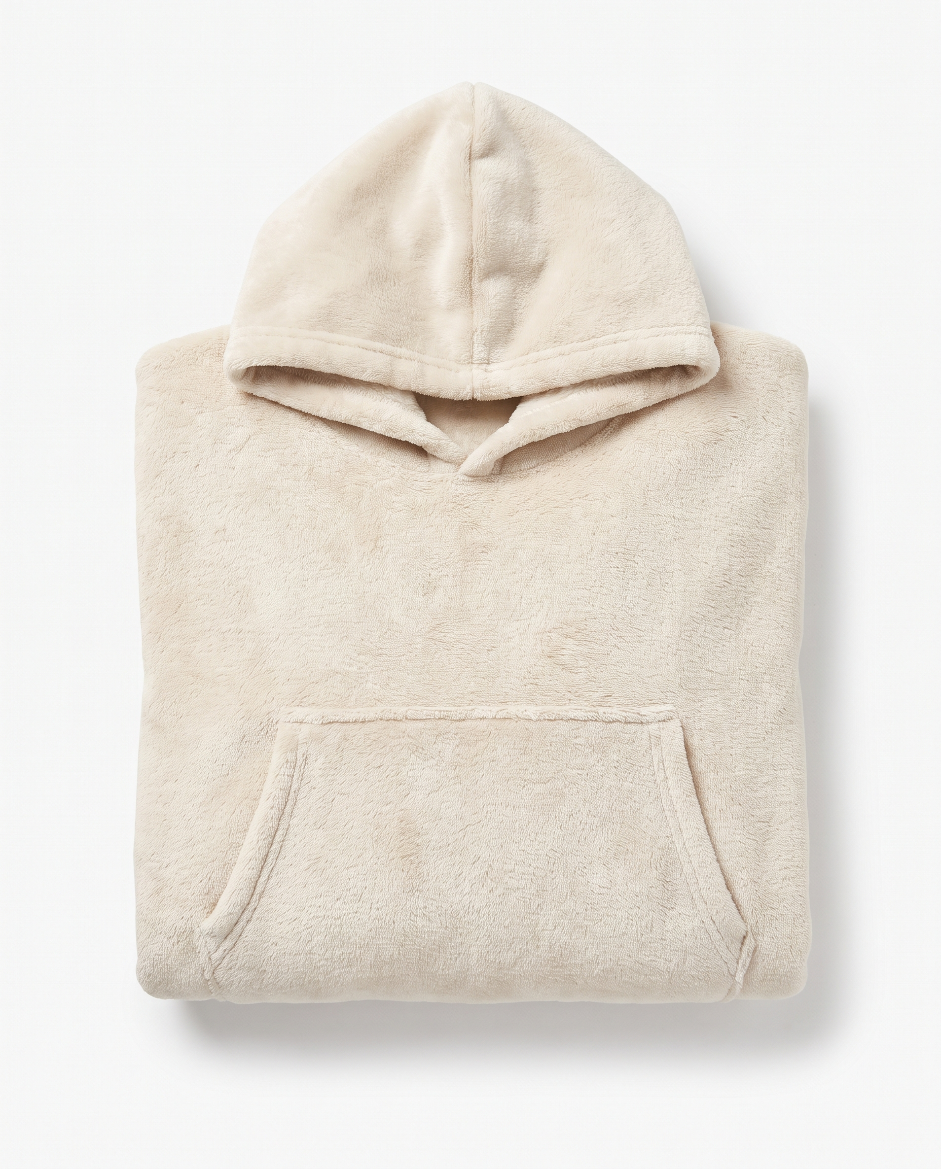 Wren oversized hooded blanket in oatmeal, folded flat on white with the hood and front pocket visible