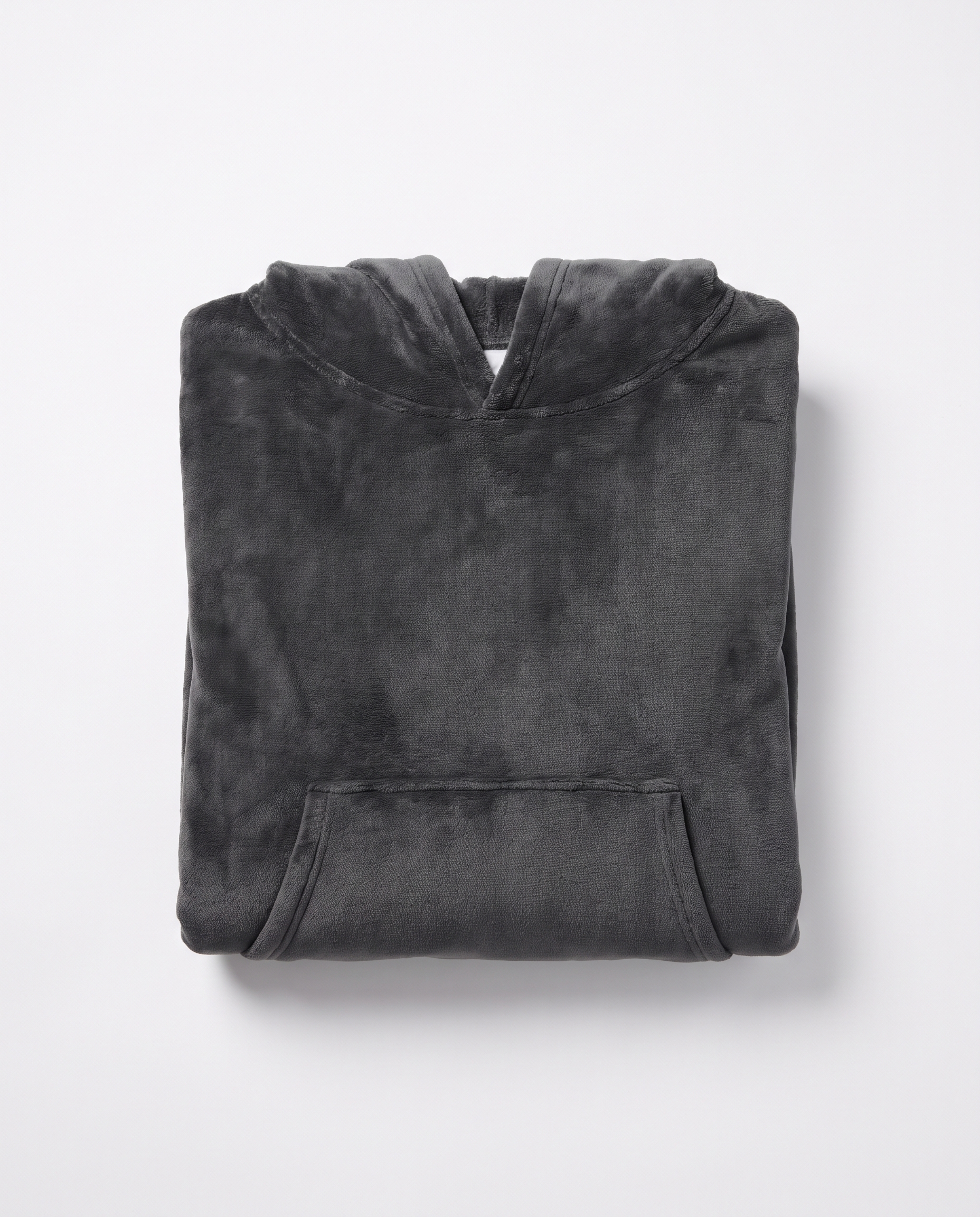 Juna oversized hooded blanket in charcoal, folded flat on white with the hood and front pocket visible