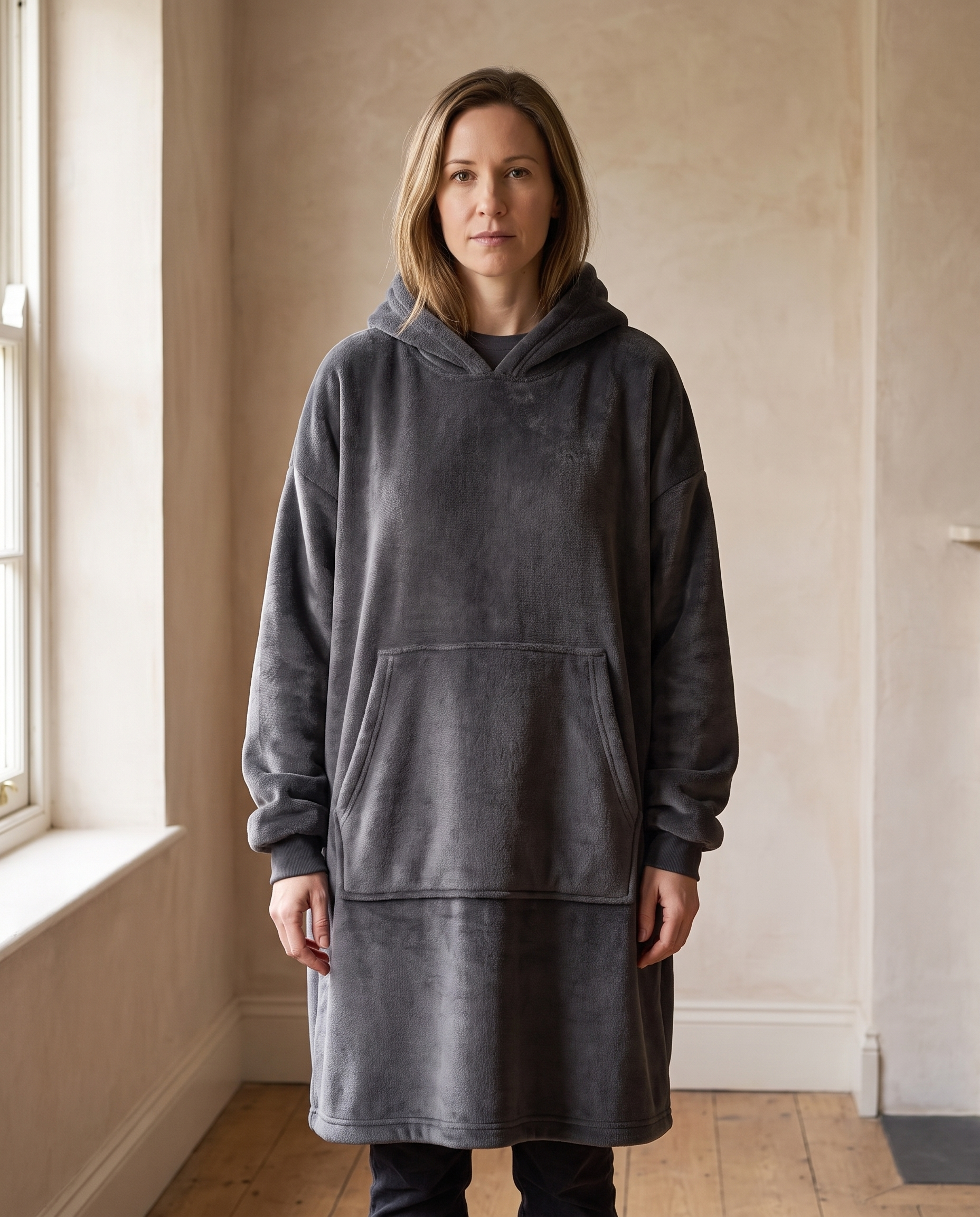 Woman wearing the Juna oversized hooded blanket in charcoal, standing in a warm living room, front view